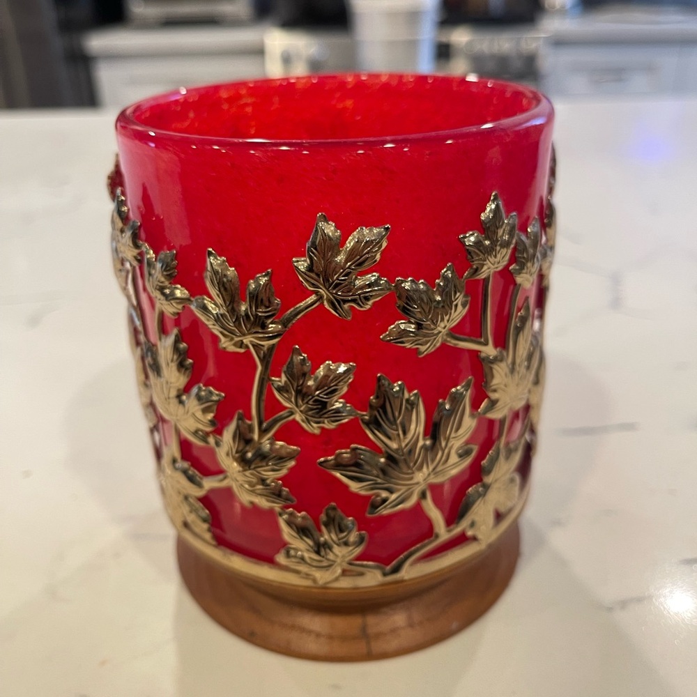 Bed Bath & Beyond Red Candle Holder with Gold Leaf Design